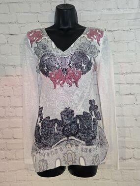 Y2K One World Mall Goth Fairy Grunge  Tribal Indie Graphic Rhinestone Sz M